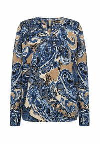 Langarmblouse met een intricaat bloem- en paisleypatroon in blauw, zwart en beige, met een ronde halslijn en een knoopsluiting aan de voorkant.