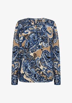 Long-sleeve blouse with blue, black, and beige intricate floral and paisley pattern, featuring a round neckline with a front button placket.