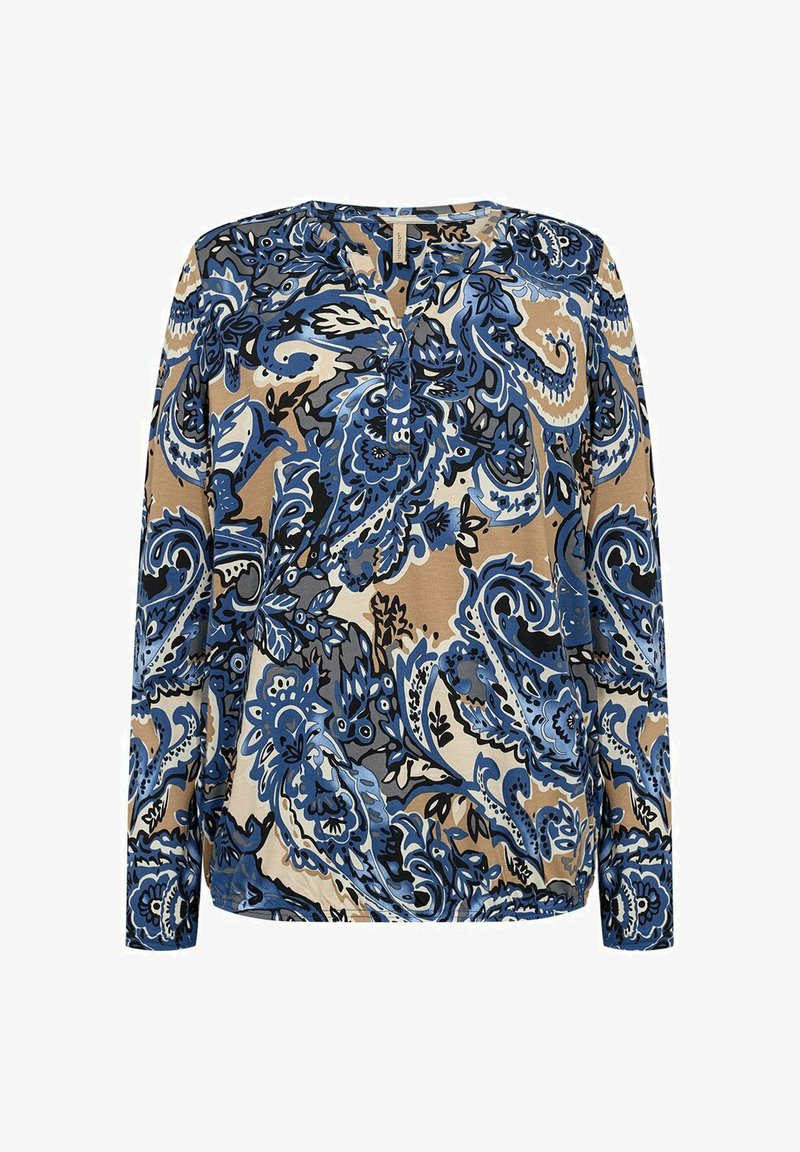 Langarmblouse met een intricaat bloem- en paisleypatroon in blauw, zwart en beige, met een ronde halslijn en een knoopsluiting aan de voorkant.