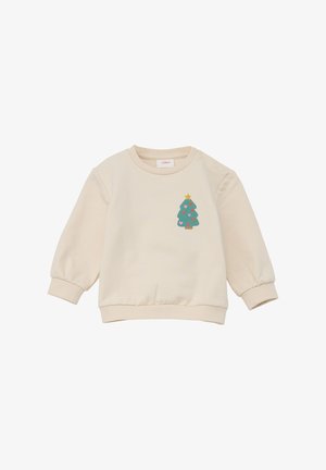 Crème kleur peutertop met lange mouwen en een kleine kerstboomafbeelding met hartjes op de borst.
