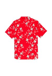 Camisa roja de manga corta con patrón floral blanco. Presenta un collar puntiagudo y un corte recto. Hecha de una tela liviana.