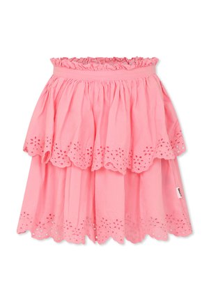 Gonna di cotone rosa con vita arricciata, design a strati e orlo scallop con dettagli in pizzo floreale.