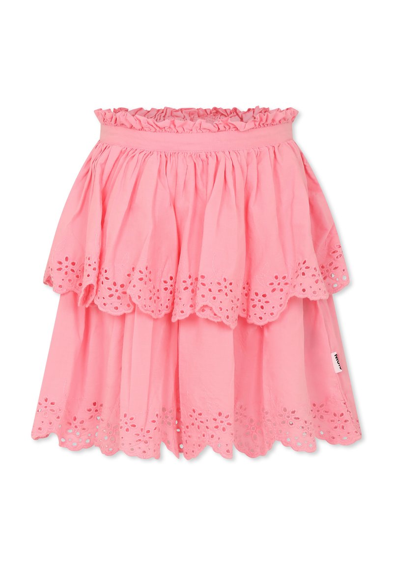 Gonna di cotone rosa con vita arricciata, design a strati e orlo scallop con dettagli in pizzo floreale.