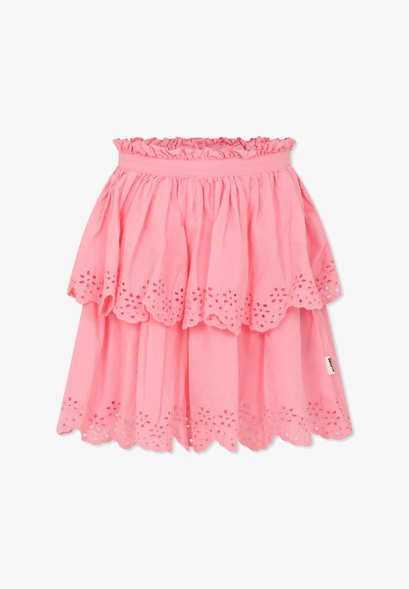 Gonna di cotone rosa con vita arricciata, design a strati e orlo scallop con dettagli in pizzo floreale.