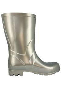 Plastic kniehoge regenlaarzen in metallic zilver, met een gladde afwerking, een getextureerde rubberen zool en een versterkte bovenrand voor duurzaamheid.
