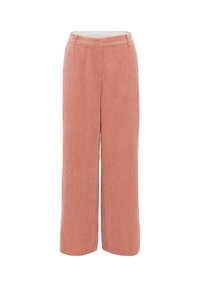 Pantalon en velours côtelé à jambes larges et taille haute, de couleur rose poudré avec des côtes verticales et une fermeture éclair.