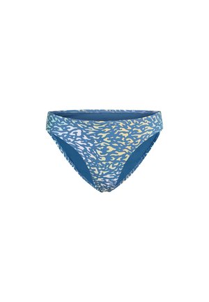 Blue bikini bottom with a contrasting abstract pattern in light blue and yellow. Made of smooth fabric with a classic brief cut.