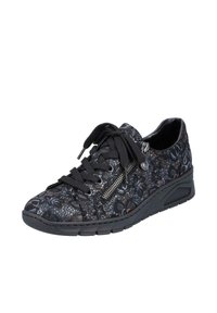 Black lace sneakers with floral pattern, featuring a round toe, textured fabric, black laces, and a side zipper detail on a cushioned sole.