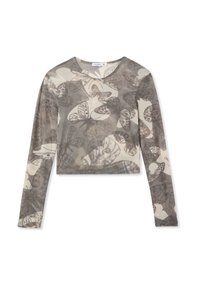 Crop top a maniche lunghe in tessuto trasparente grigio, con stampa di farfalle in nero e crema e sottili accenti di scintillio.