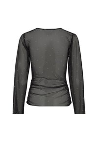 Svart mesh långärmad topp med en rynkad design, prickigt mönster och kontrasterande svart kant längs halsringningen och ärmarna.