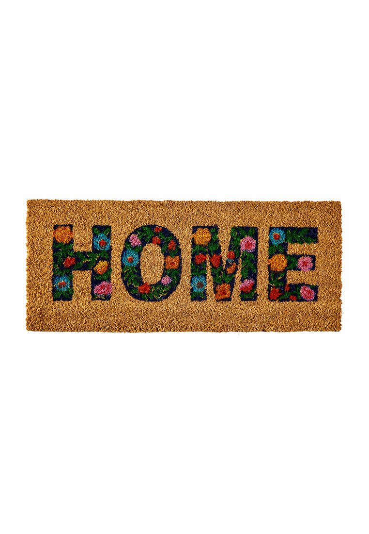 Kokosfußmatte mit dem Text "HOME" in fetten Buchstaben, verziert mit bunten Blumenmustern auf einem natürlichen braunen Hintergrund.