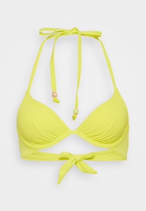 Νεον κίτρινο τοπ μπικίνι, τριγωνικά cups, λαιμόκοψη τύπου halter με ρυθμιζόμενους κόμπους και διακοσμητικές χάντρες στους ιμάντες. Λείο, ελαστικό υλικό.