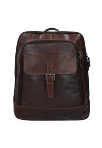 Brown leather backpack with a smooth texture, featuring a front pocket with a buckle closure, zippers, and a sturdy handle.