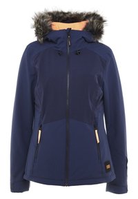 Granatowa zimowa kurtka z przednim zamkiem błyskawicznym, pomarańczową podszewką, dwoma kieszeniami na zamek, regulowanym kapturem z futrzanym obszyciem oraz zapięciami na nadgarstkach.