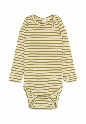 Langærmet body i creme med grønne vandrette striber. Har rund hals, trykknaplukning i bunden og ribbet tekstur.