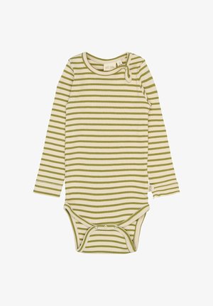 Kerman hihaton haalarissa kermansävyisiä vaaleanvihreitä vaakasuoria raitoja. Siinä on pyöreä kaula-aukko, nepparikiinnitys alaosassa ja ribbikuvio.