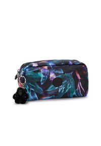 Black cosmetic bag with floral design in green and purple shades, featuring a zipper closure and a black gorilla charm attached.
