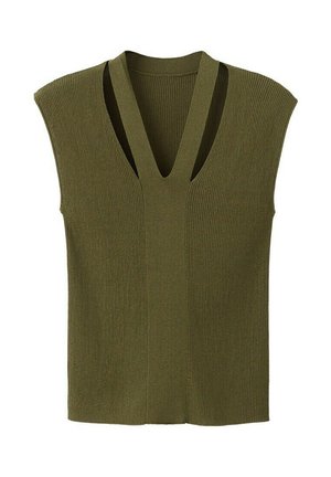Smanicato senza maniche verde oliva in maglia a coste con scollo a V profondo e spalle strutturate.