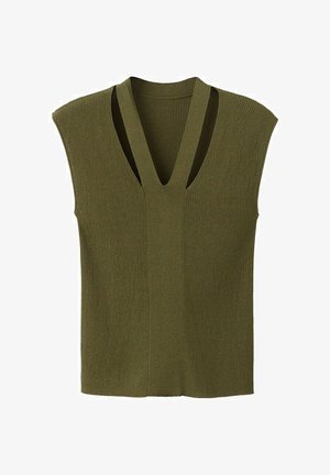Vesta bez rukávov v olivovo zelenej farbe, rebrovaný pletený materiál s hlbokým výstrihom do V a štruktúrovaným dizajnom ramien.