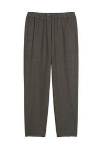 Pantalons gris sur mesure avec une taille élastique, des poches latérales et une coupe droite. Fabriqués en tissu texturé.