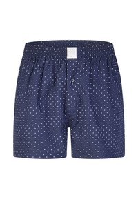 Marineblaue Herrenboxershorts mit weißen Tupfen, elastischem Bund und Knopfverschluss vorne.