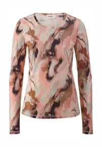 Langärmliges Oberteil aus leichtem Stoff mit einem mehrfarbigen abstrakten Muster in den Tönen Pink, Braun und Creme, das einen runden Ausschnitt hat.