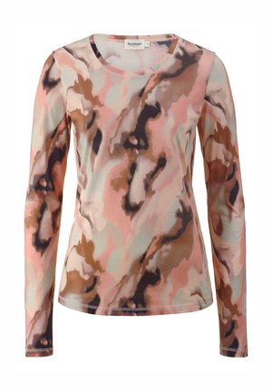 Langärmliges Oberteil aus leichtem Stoff mit einem mehrfarbigen abstrakten Muster in den Tönen Pink, Braun und Creme, das einen runden Ausschnitt hat.