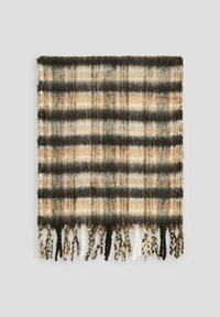 Écharpe rectangulaire tissée en beige, noir et crème à motif tartan. Présente des bords frangés et une finition douce et texturée.