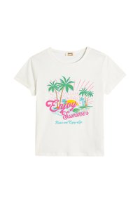 Hvid bomulds t-shirt med korte ærmer, prydet med et farverigt grafik af palmer, sol og tekst: "Nyd sommeren, slap af og nyd livet."