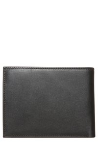 Black leather wallet with smooth texture, rectangular shape, and minimalistic design. Features neatly stitched edges and no visible hardware.