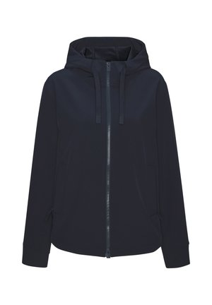 Navy blue hooded jacket with front zipper, long sleeves, drawstrings on hood, and two side pockets with zippers.