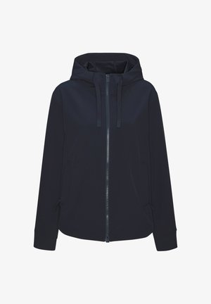 Marineblaue Kapuzenjacke mit durchgehendem Reißverschluss vorne, langen Ärmeln, Kordelzügen an der Kapuze und zwei seitlichen Reißverschlusstaschen.