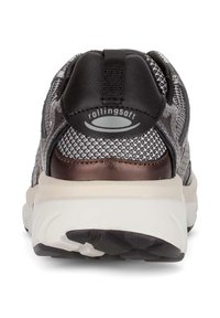 Zwarte en grijze mesh sneakers met een afgeronde hak, contrasterende koperkleurige accenten en een dikke witte zool; logo zichtbaar op de achterkant.