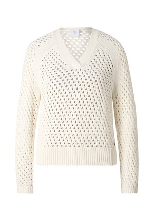 Pull tricoté de couleur crème avec col en V, manches longues et motif ajouré tout autour. Ourlet et poignets côtelés.