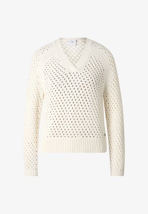 Pull tricoté de couleur crème avec col en V, manches longues et motif ajouré tout autour. Ourlet et poignets côtelés.