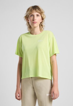 Limoengroene t-shirt met korte mouwen, een losse pasvorm, ronde halslijn en een klein logo op de borst. Zachte stof met een gladde textuur.