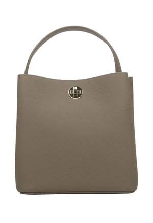 Gray textured leather handbag with a curved top, round gold hardware, and short handle. Minimalist design with no additional patterns.