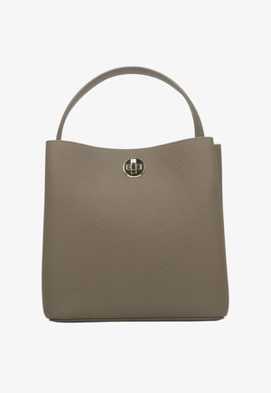 Gray textured leather handbag with a curved top, round gold hardware, and short handle. Minimalist design with no additional patterns.