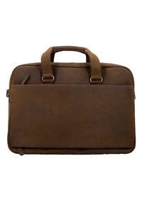 Bruine leren aktetas met twee handvatten bovenop, gladde textuur, rechthoekige vorm en een achtervak met rits. Minimalistisch ontwerp zonder extra versieringen.