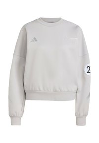 Sweatshirt gris clair raccourci en matière douce, doté d'un col rond, de poignets côtelés et de logos et chiffres imprimés sur les manches.