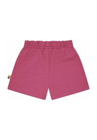 Rosa Baumwollshorts mit einem elastischen Bund, die ein schlichtes Design und ein kleines, mehrfarbiges Etikett an der Seite aufweisen.