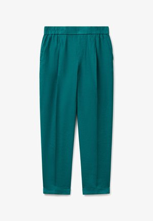 Cyan broek gemaakt van een lichtgewicht materiaal, met een elastische tailleband, zijzakken en een taps toelopend ontwerp met een omgeslagen zoom.