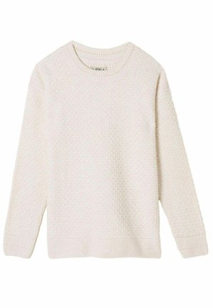 Cremfarbener Pullover mit strukturiertem Strickmuster, rundem Ausschnitt, langen Ärmeln sowie gerippten Bündchen und Saum. Leicht und im lässigen Design.