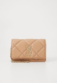 Beige quilted leather clutch bag with gold chain strap and gold embossed MSM logo on front flap against white background.