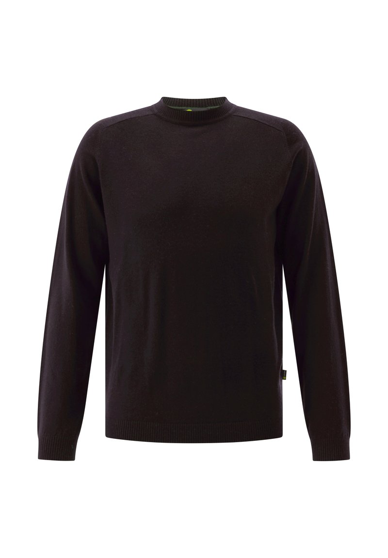 Schwarzer Langarmpullover mit Rundhalsausschnitt, gerippten Bündchen und Saum sowie glatter Textur. Besitzt ein kleines Akzentetikett an der Seite.