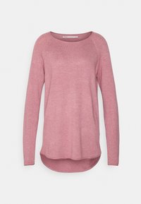 Vaaleanpunainen pitkähihainen, pyöreäkauluksinen neulepaita, valmistettu pehmeästä neuloksesta, jossa on pyöristetty helma ja raglanhihat.