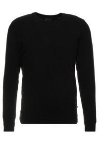 Svart crewneck-tröja, långärmad, gjord av mjukt tyg. Har ribbade muddare och nederkant, slät textur, inga mönster eller accenter.