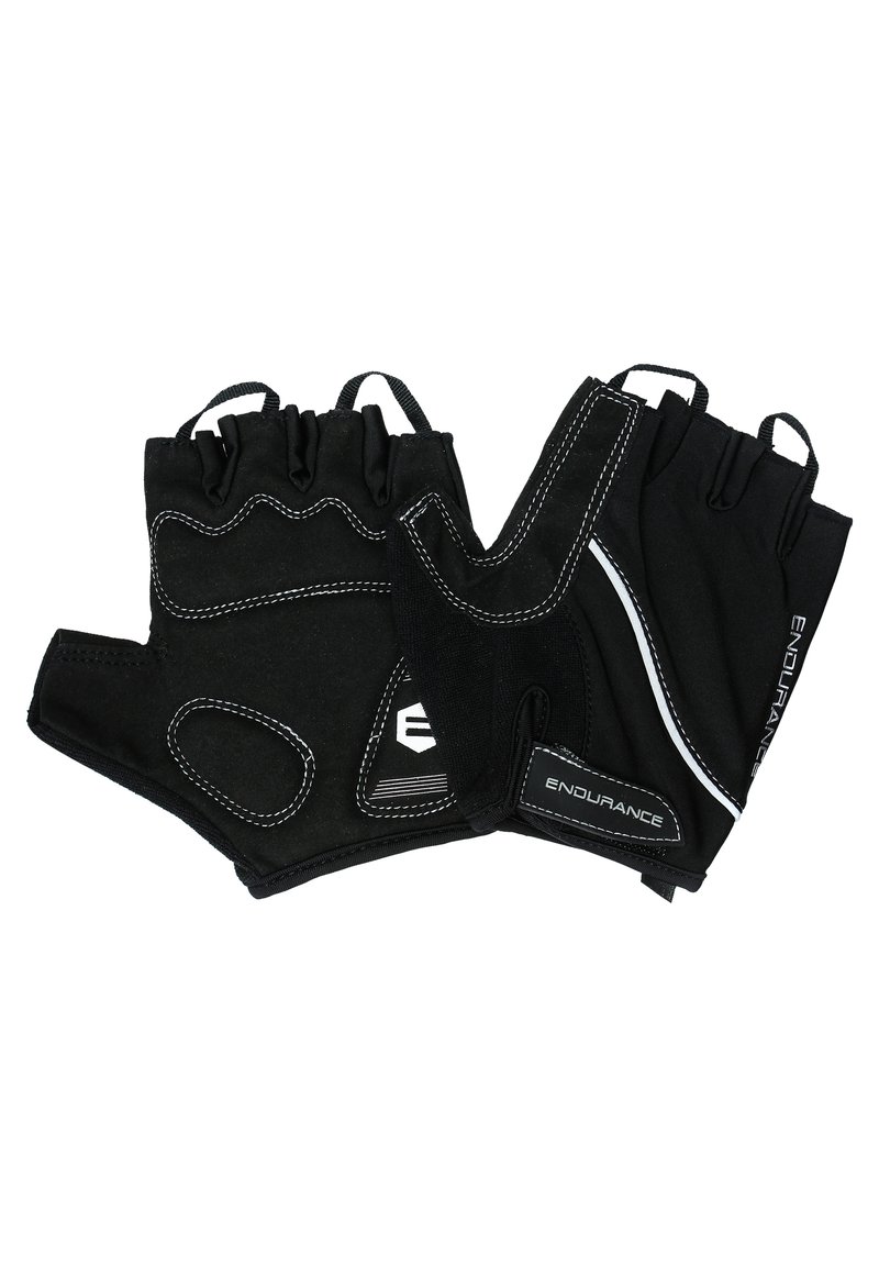 Zwarte fitnesshandschoenen van suede en stof, met een vingervrij ontwerp, witte stiksels en een grip aan de binnenkant voor comfort en ondersteuning.