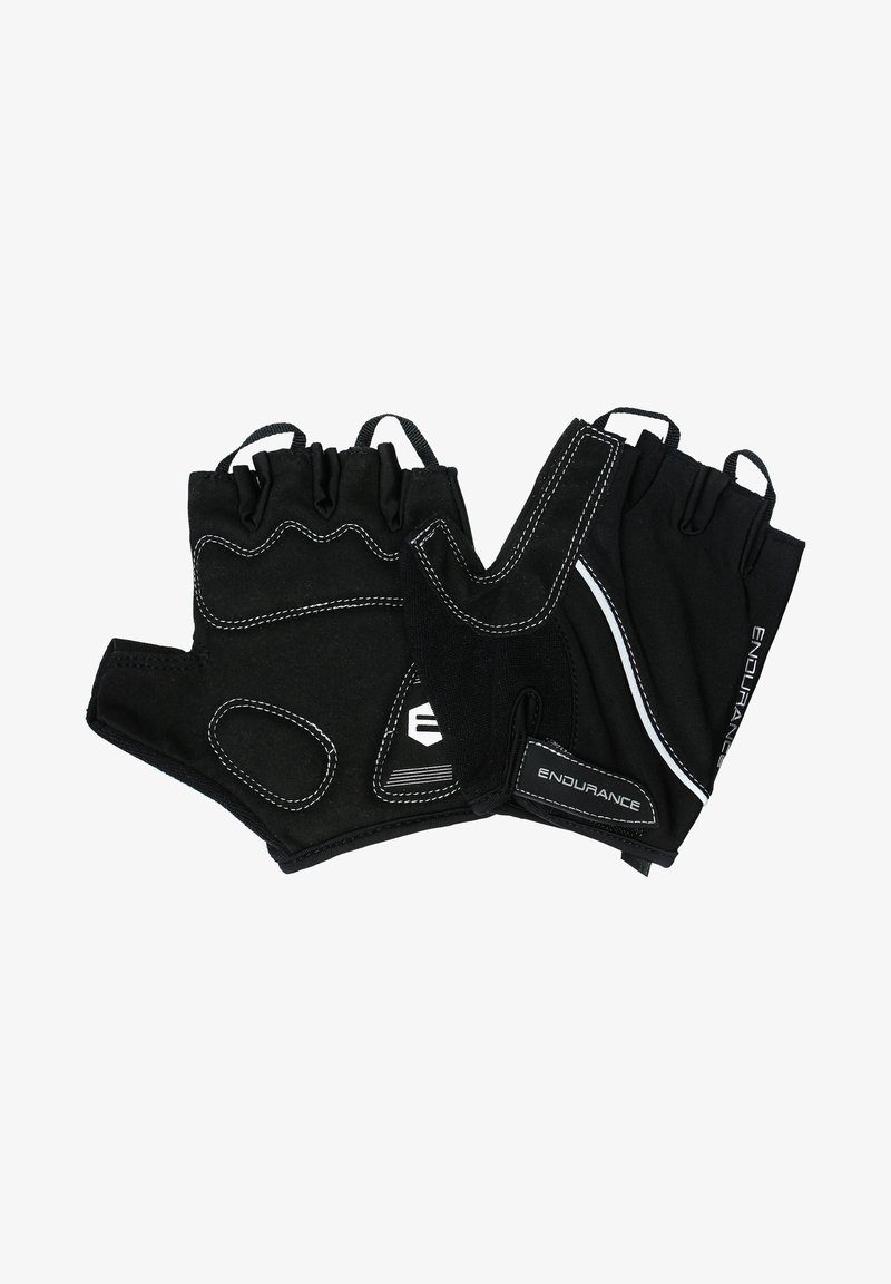 Zwarte fitnesshandschoenen van suede en stof, met een vingervrij ontwerp, witte stiksels en een grip aan de binnenkant voor comfort en ondersteuning.