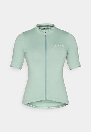 Kolesarska majica kratkih rokavov v svetlo mint zeleni barvi, z zadrgo na sprednji strani, visokim ovratnikom in logotipom "LE COL". Gladka tekstura in prilegajoč dizajn.